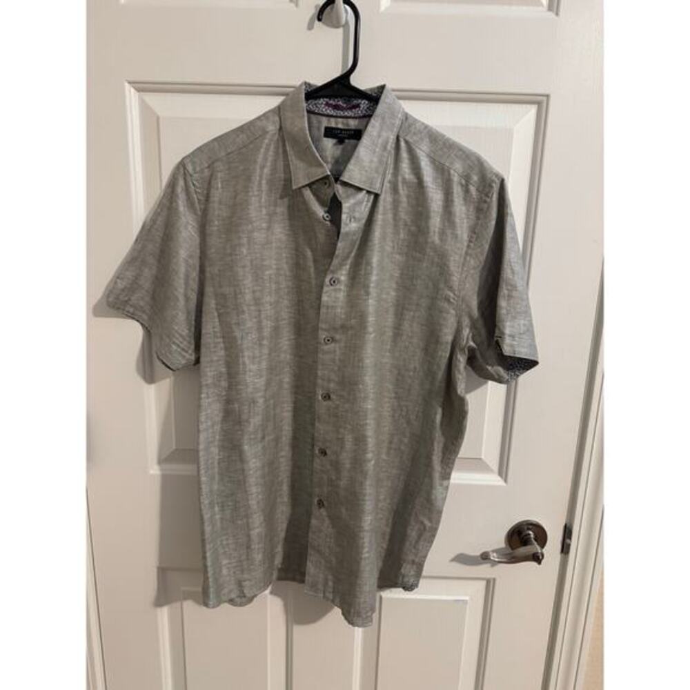 Ted Baker London New Mens Linen  Button Up Short Sleeve Shirt Gray Size 5 (XL)